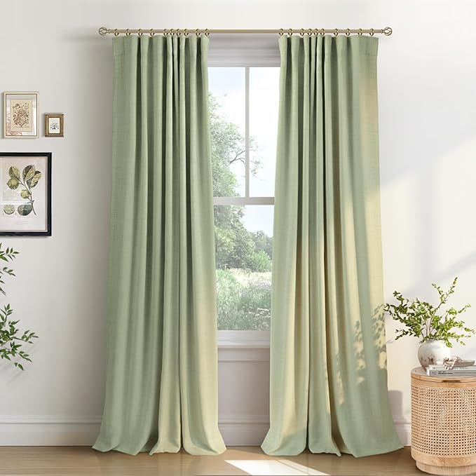 INOVADAY 100% Blackout Curtains for Bedroom, Black Out Curtains 84 Inch Long, Clip Rings Linen Blackout Drapes, Thermal Insulated Room Darkening for Living Room, 1 Panel - Sage,W102xL84