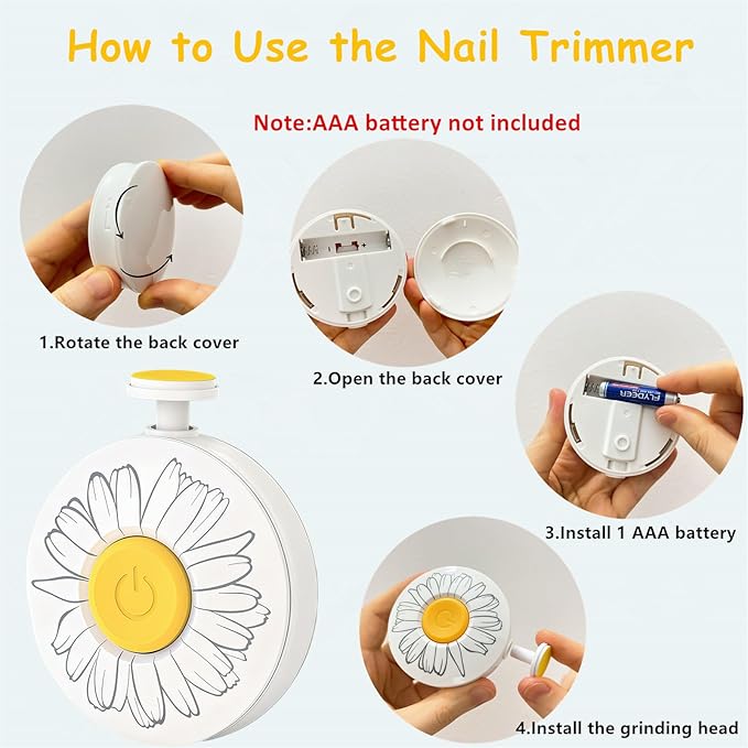 Baby Nail Trimmer Electric, Safe + Easy Baby Nail File, Baby Nail Clippers Nail Trimmer Kit for Newborn Infant Toddler, 6 Grinding Heads, Battery Operated (Battery Not Included) White
