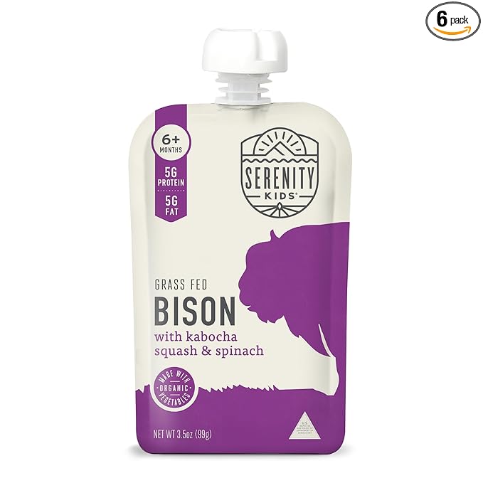 Serenity Kids 6+ Months Baby Food Pouches - 5g Protein-Packed Baby Snacks - Organic Squash & Spinach Vegetable Pouches - Grass-Fed Bison Meat Puree - 3.5 Oz, Pack of 6
