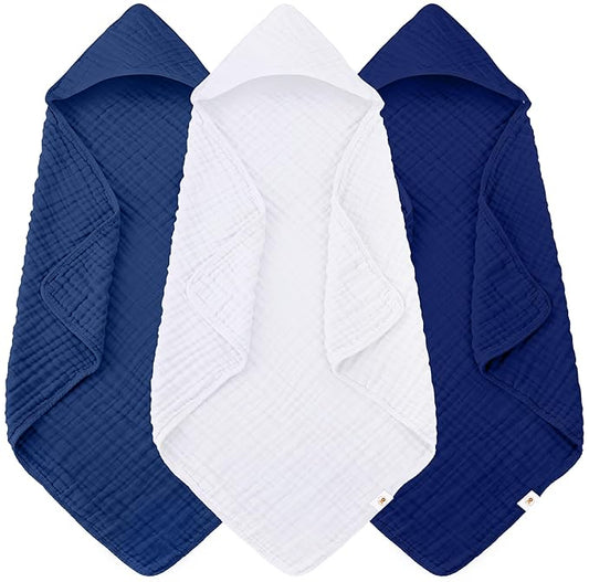 Sunny zzzZZ Muslin Hooded Baby Bath Towels - 3 Pack 100% Cotton Soft Low-Saturation Pastel Towels Including Classic White for Newborns, Infants, Toddlers - 32x32 Inch - Deep Navy and White