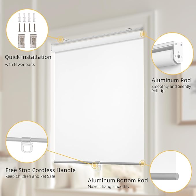 ChrisDowa Cordless Free-Stop 100% Blackout Blinds for Windows, Roller Windows Shades with Thermal Insulated, UV Protection Fabric for Living Room, Office and Home. Easy to Install.White,28" W X 72" H