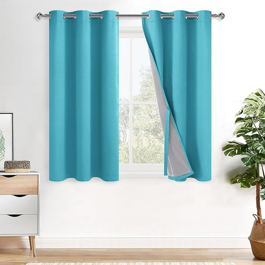 XWZO 100% Blackout Curtain Panels - Thermal Insulated Black Liner Curtains, Noise Reducing and Heat Blocking Drapes for Hall and Studio Windows with Tiebacks, Turquoise, W42 x L54, Set of 2