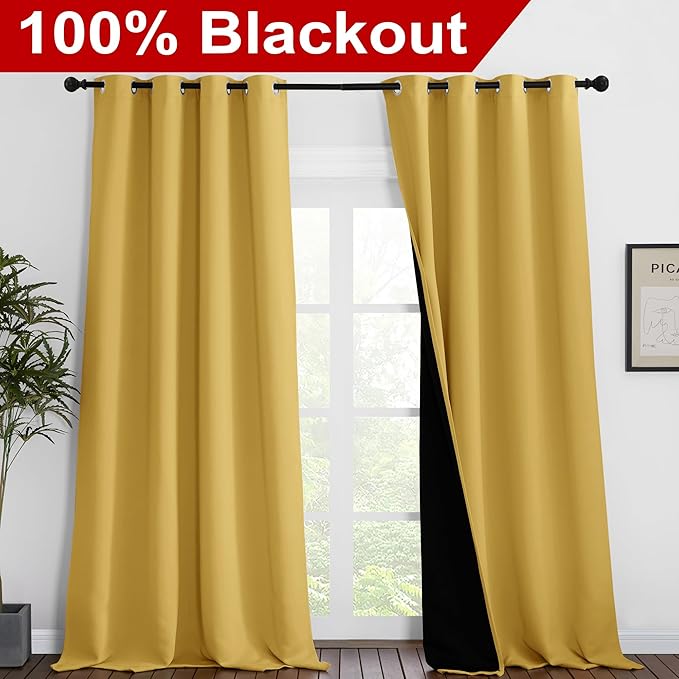 NICETOWN 100% Blackout Blinds, Set of 2, 52 inches x 120 inches, Laundry Room Decor Window Treatment Curtains for Large Patio Sliding Door, Thermal Insulated Bright Yellow Curtains for Bedroom