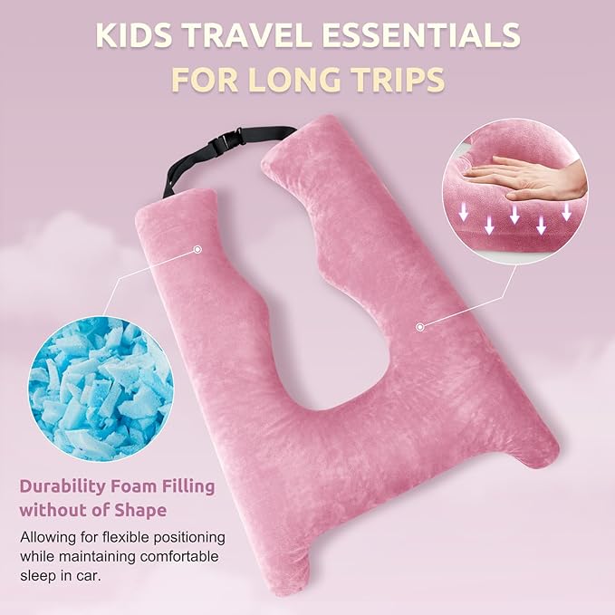 Car Pillow for Kids Travel Pillow with Adjustable Strap, Kids Floor Pillows Cushions for Adults and Children to Support Head and Body Road Trip Essentials (Pink)