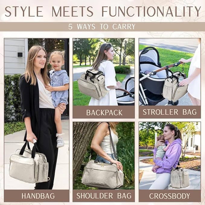 Mellories 4 in 1 Convertible Diaper Bag Tote for Baby Boys and Girls - Converts into Diaper Backpack, Baby Tote, Stroller and Crossbody Diaper Bag - Beige Baby Travel Bag - Gift for Mom
