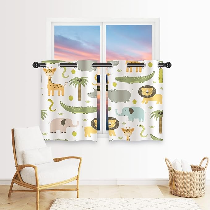 Animal Curtains W27.5 x L39 Inch Grommet Thermal Insulated Blackout Window Drapes Safari Hippo Crocodile Lion Elephant Giraffe Woodland Zoo Pattern for Kids Boys Girls Nursery Bedroom 2 Panels