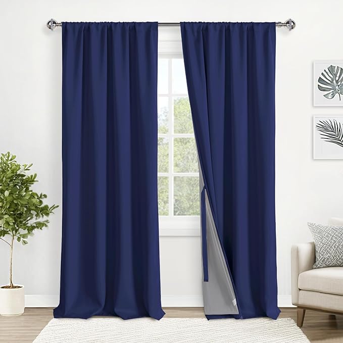 XWZO 100% Blackout Curtains - Extra Long Rod Pocket & Back Tab Curtains, Noise Reducing and Heat Blocking Drapes for Bedroom with Tiebacks, Navy Blue, W52 x L108, Set of 2