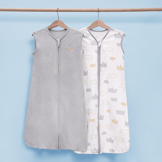 TILLYOU 2 Pack Baby Sleep Sack 6-12 Months 100% Cotton Wearable Blanket 0.5 TOG Sleeveless Summer Sleep Sacks with 2-Way Zipper, Gray Crown