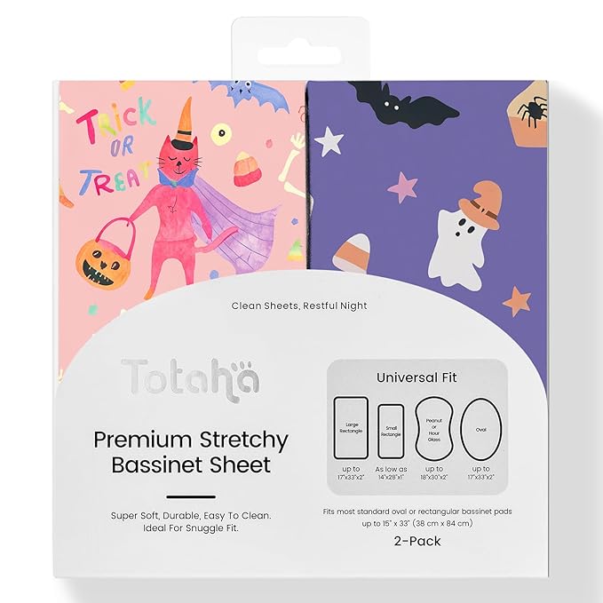 Halloween Bassinet Sheets Neutral Fits Standard 16" X 32" Mattress, Pink Pumpkin Bassinet Fitted Sheet Set 2-Pack, Universal Fit for Hourglass Oval and Rectangle Bassinet Mattress, Boo, Trick or Treat