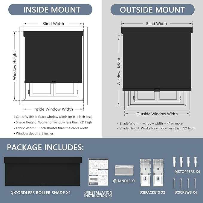 AOSKY Blackout Roller Shades Cordless Blinds for Windows, Free-Stop Shades with Valance, Thermal Insulated Fabric, UV Protection, Natural Woven Blinds for Home and Office (35" W x 72" H, Black)