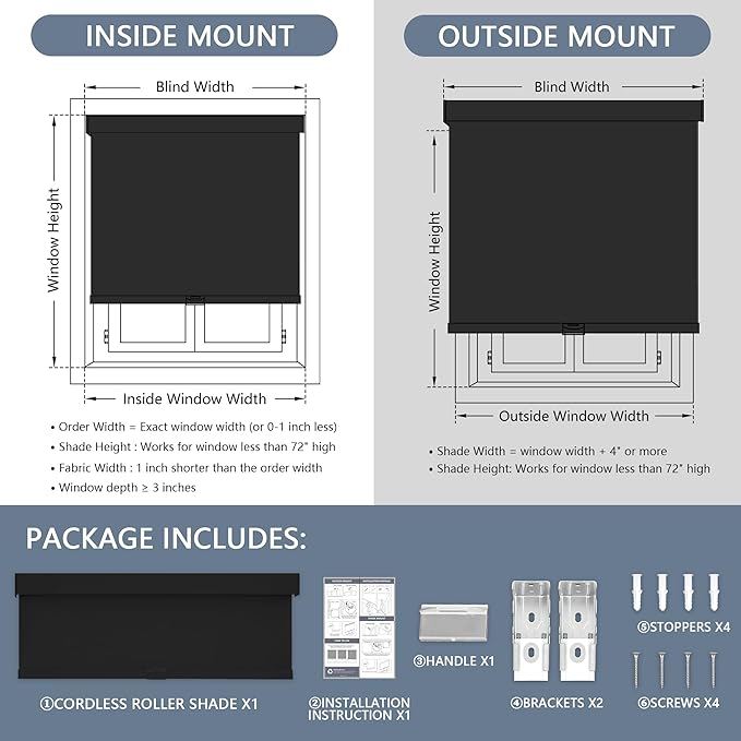 AOSKY Blackout Roller Shades Cordless Blinds for Windows, Free-Stop Shades with Valance, Thermal Insulated Fabric, UV Protection, Natural Woven Blinds for Home and Office (33" W x 72" H, Black)