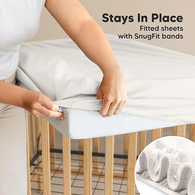 2-Pack Waterproof Crib Sheets for Boys, Girls - 52x28 Fitted Organic Cotton Baby Crib Sheets, Toddler Mattress Protector Cover, Washable, Soft & Durable Baby Bedding Essentials (Soft White)
