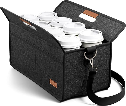 Fluxynara 8-Cup Reusable Felt Drink Carrier with Handle and Adjustable Shoulder Strap, Drink Holder for Car，Multi-Cup Drink Carrier Bag for Delivery, Travel, Picnics (Charcoal Gray)