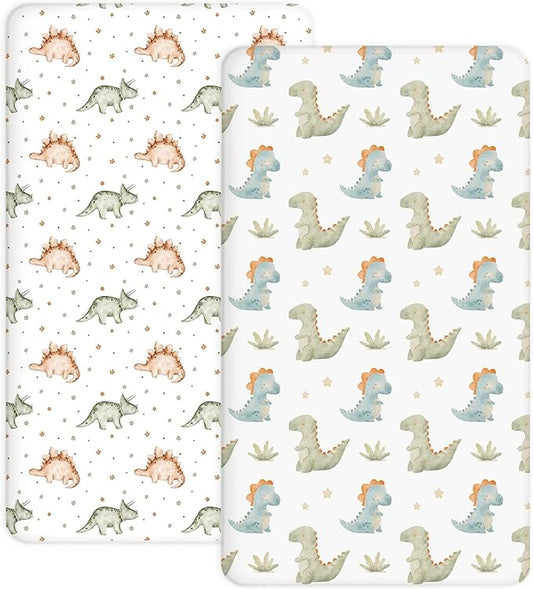 Crib Sheets for Boys and Girls, 2 Pack Fitted Baby Sheets for Standard Toddler Mattress 28" x 52", Soft Breathable Jersey Knit Baby Bedding (Tiny Dinos)