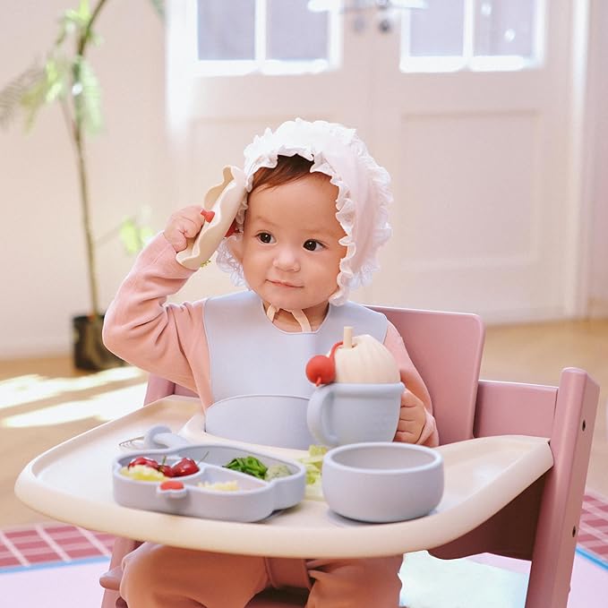 COZY ROCK Silicone Baby Feeding Set, Gelato Collection Baby Led Weaning Supplies, First Self-Feeding Set with Silicone Suction Bowl & Plate, Straw Cup & Bib, Fork & Spoon