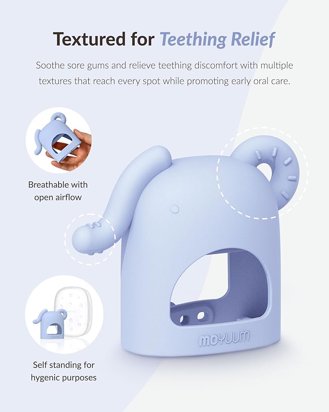 Moyuum Silicone Elephant Grip Hand Teether Toy | Made in Korea, Provides Teething Relief, Wearable Teether is Easy to Hold, Drop Resistant with Adjustable Wrist Strap, Babies 3+ Months, Natural