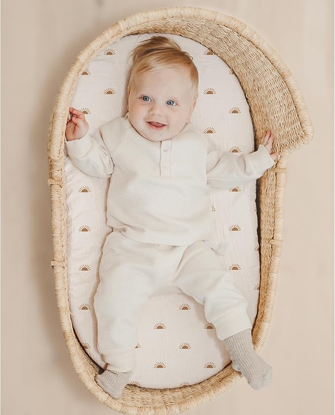 Konssy Muslin Bassinet Sheets for Baby Girl Boy, 2 Pack Soft Breathable Baby Bassinet Mattress Sheets Fit for Hourglass Oval Cradle, Moses Basket Rectangle Mattress (Camel, Sun)
