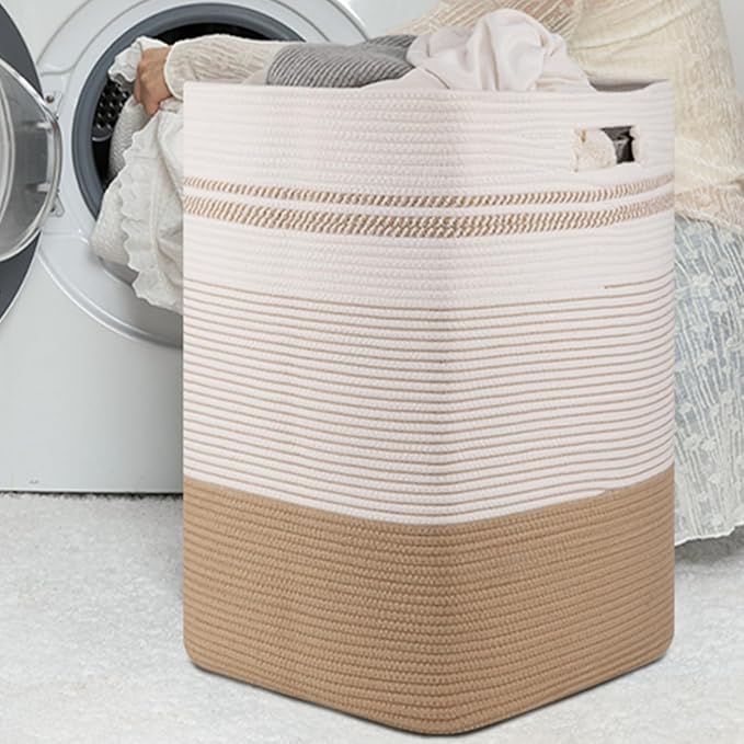 Laundry Basket, Large Woven Rope Tall Laundry Basket with Handles, Decorative Storage Basket for Clothes and Blankets in Living room, Bedroom