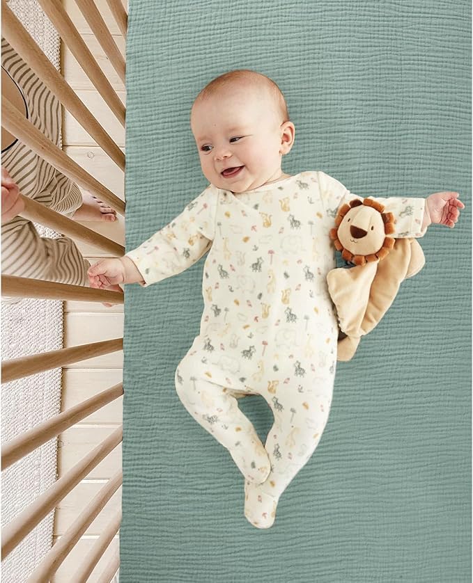 lulumoon Baby Muslin Crib Sheets: Soft & Breathable Fitted Crib Sheets for Boys - Green Square Sheets for Standard Crib 2Pack