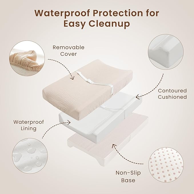 Konssy Muslin Changing Pad with Waterproof Lining Foam, Includes 2 Pack Soft & Cotton Cover, Baby Diaper Changing Pad for Dresser or Table, 32x16 inches (Sun,Camel)