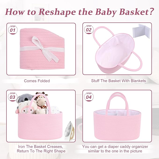 19L Baby Diaper Caddy Organizer, 16.8"x9.8"x9" Cotton Rope Diaper Basket, Changing Table Storage Caddy With Removable Divider, Baby Basket for Nursery, Car, Diapers, Baby Shower Gifts for Newborn