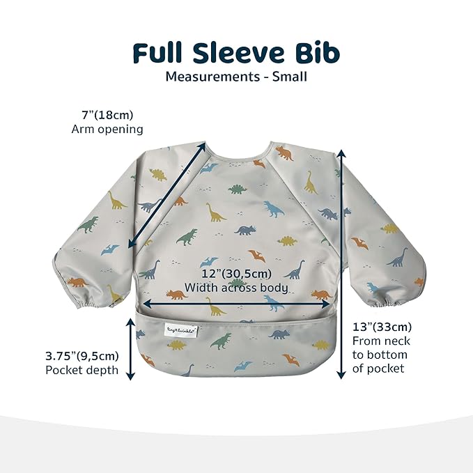 Tiny Twinkle Long Sleeve Bib for Babies & Toddlers | Waterproof Smock Bib for Eating | Machine Washable & Mess-Proof Feeding Essentials | Newborn Shower Gift (Dinosaur, 6–24M)