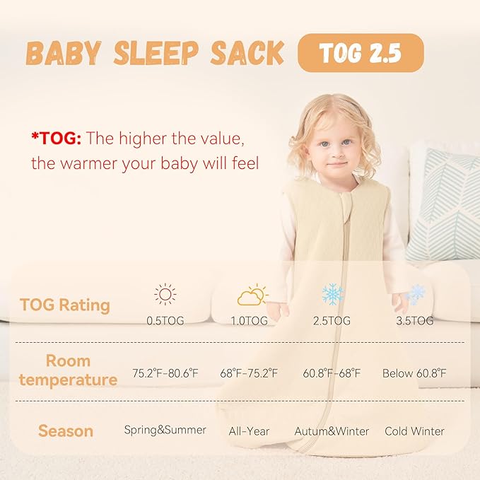 Yoofoss Baby Sleep Sack 0-6 Months TOG 2.5 Winter Baby Wearable Blanket, 100% Organic Cotton Infant Sleeping Sack 2-Way Zipper Warm Quilted Sleep Sack