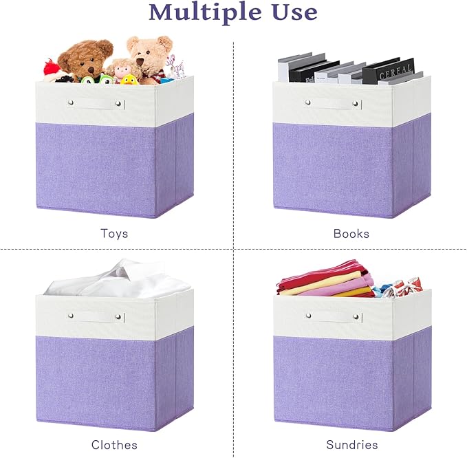 13 x 13 Inch Fine Linen Storage Bins with Handles，Fabric Cube Boxs，Basket Organizers for Shelves for Home, Closet Drawers (White/Purple-6 Pack)