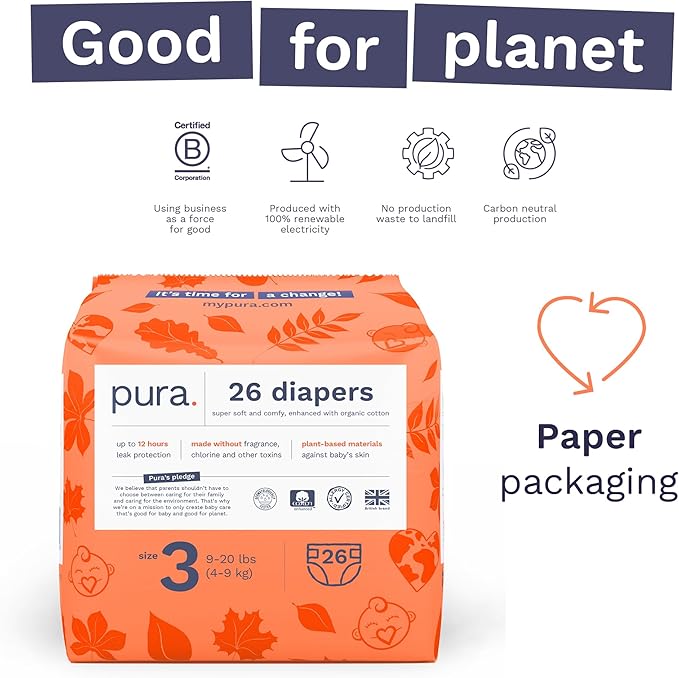 Pura Size 3 Eco-Friendly Diapers, Totally Chlorine Free, Hypoallergenic, Soft Organic Cotton, Sustainable, up to 12 Hours Leak Protection, Allergy UK, 26 Count (Pack of 1)