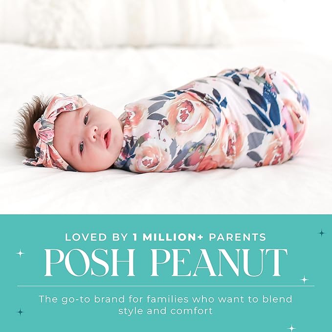 Posh Peanut Swaddle Blanket & Headband Set – Viscose from Bamboo Stretchy Baby Swaddle for Newborn Girls, Receiving Blanket or Nursing Cover