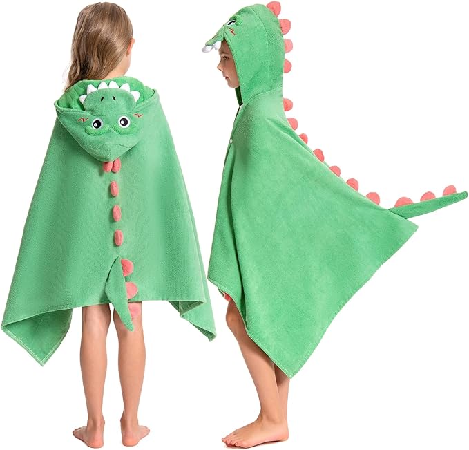 OLAOLA Dinosaur Hooded Towel for Kids 3-12 Years, 28" x 53" Soft Thick Absorbent Beach Towels, Toddler Bath Towel Wrap, Swim Pool Towels Poncho for Boys Girls