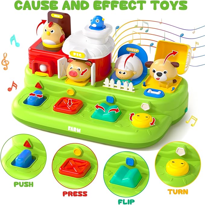 Interactive Pop Farm Animal Up Toys with Music Sounds Montessori Cause and Effect for 1-3 Baby Boy Girl Early Educational Musical Baby Infant STEM Gift 12-18 Months Babies Birthday