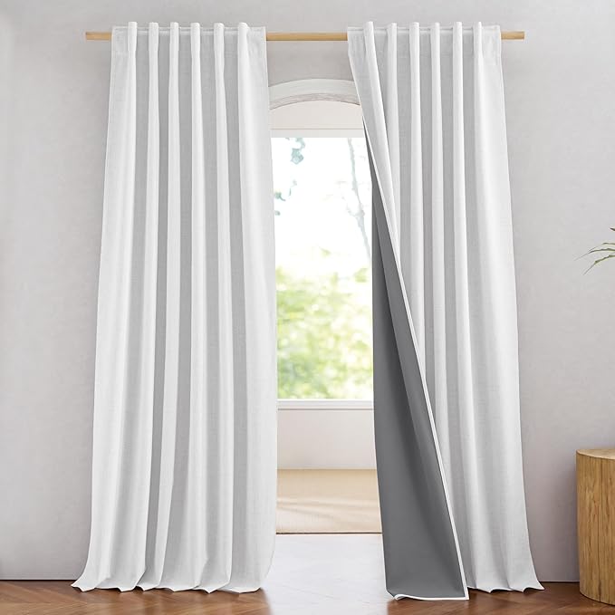 NICETOWN Full Blackout Linen Curtains 102" Length with Thermal Insulated Liners for Living Room, Farmhouse Style Keep Cool & Warm Large Window Drapes for Hall (Greyish White, 2 Panels, 52" Wide)