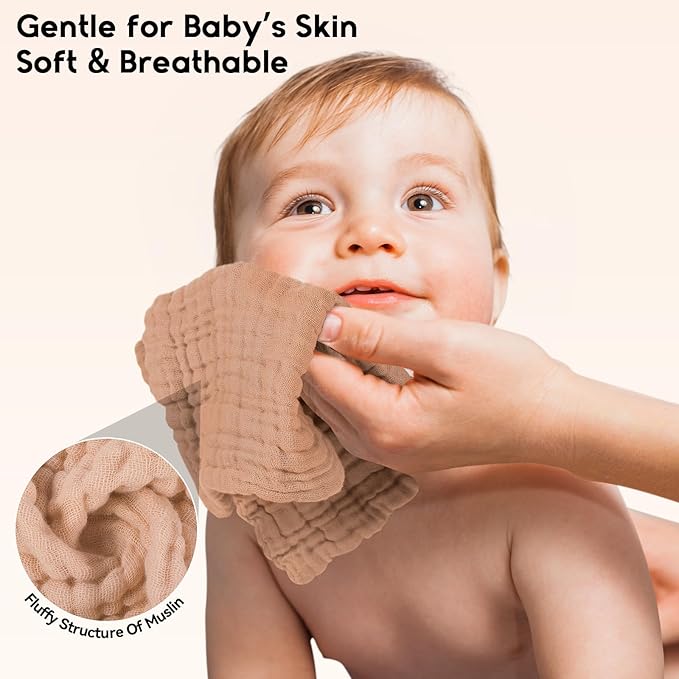 Unnivoll Muslin Baby Washcloths 6 Pack, 100% Cotton Wash Cloths for Babies, Large 12''X12'' Burp Cloths Absorbent and Soft for Newborn Infants Kids Boys Girls - Gradient Brown