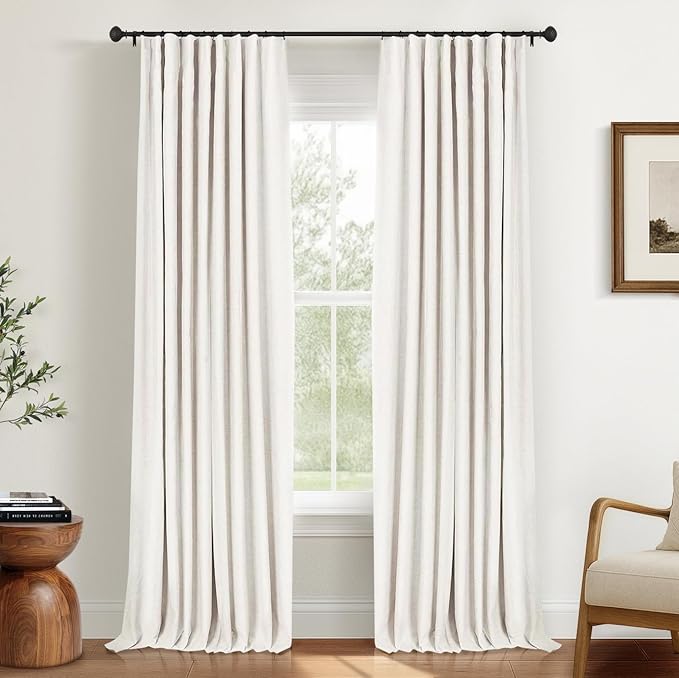 INOVADAY 100% Blackout Curtains for Bedroom, Black Out Curtains 80 Inch Long, Clip Rings Linen Blackout Drapes, Thermal Insulated Room Darkening for Living Room, 2 Panels - Beige,W50xL80
