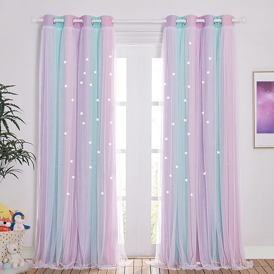 NICETOWN Baby Room Decor, White Gauze & Blackout Drapes Assembled, Star Cut Romantic and Colorful Curtains with Versatile Styling Options for Birthday Party (Blue & Purple & Pink, Each is W52 x L84)