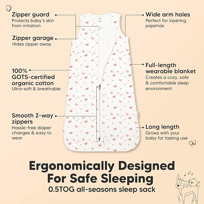 2-Pack Baby Sleep Sacks, Zipper Wearable Blanket - 0.5TOG Organic Cotton, Lightweight, Soft Cozy Infant Sleeping Sack 3-6 months,Easy to Wear Small Newborn Transition Swaddles Sleepsacks (Butterflies)