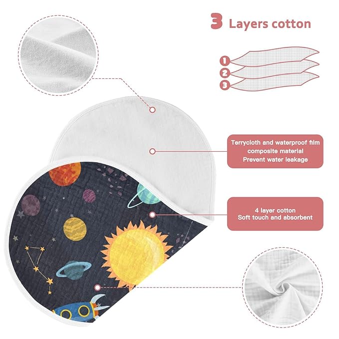 Kigai Carton Space Spaceships Muslin Baby Burp Cloths, Large Absorbent Cotton Muslin Burp Cloths Set of 1, Washcloths, Face Towel, Bibs for Newborn Boys Girls, 11 x22 Inch