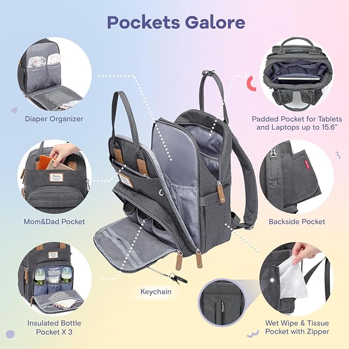 RUVALINO Diaper Bag Backpack, Multifunction Travel Pack Maternity Baby Changing Bags, Large Capacity, Waterproof, Dark Gray | Multifunction, Travel Pack, Maternity, Baby Changing Bags, Waterproof