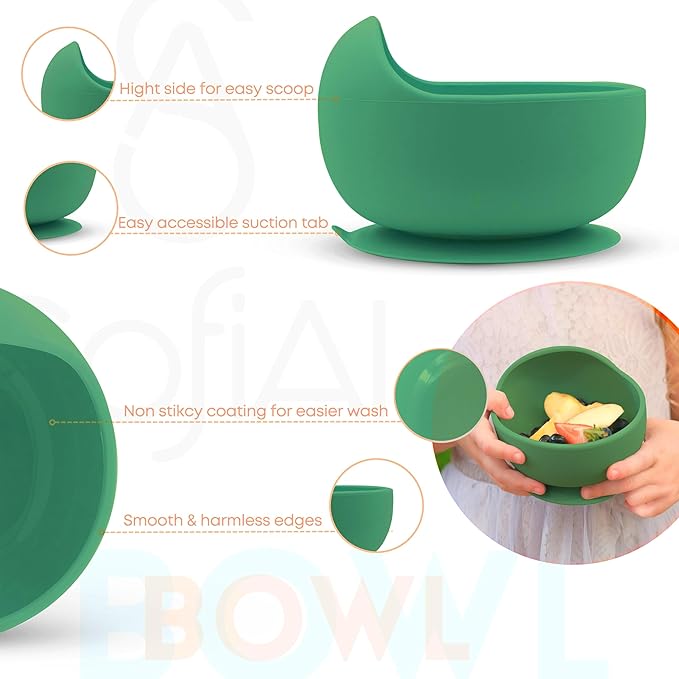 SofiAl All In One Silicone Feeding Set - Safe for 6-12 Months - Non-Toxic Baby Led Weaning Supplies - Toddler Self Feeding Utensils - BPA-Free - Mess Free Essentials