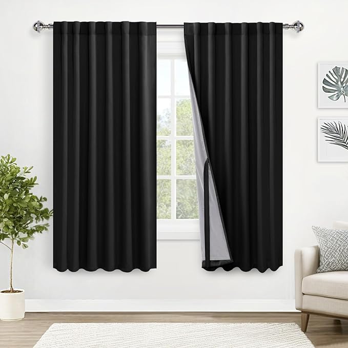 XWZO Full Shading Blackout Curtains 72 Inches Length - Heat and Light Blocking Rod Pocket & Back Tab Window Drapes with Black Liner Backing for Bedroom Sewn with Tiebacks, Black, W52 x L72, Set of 2