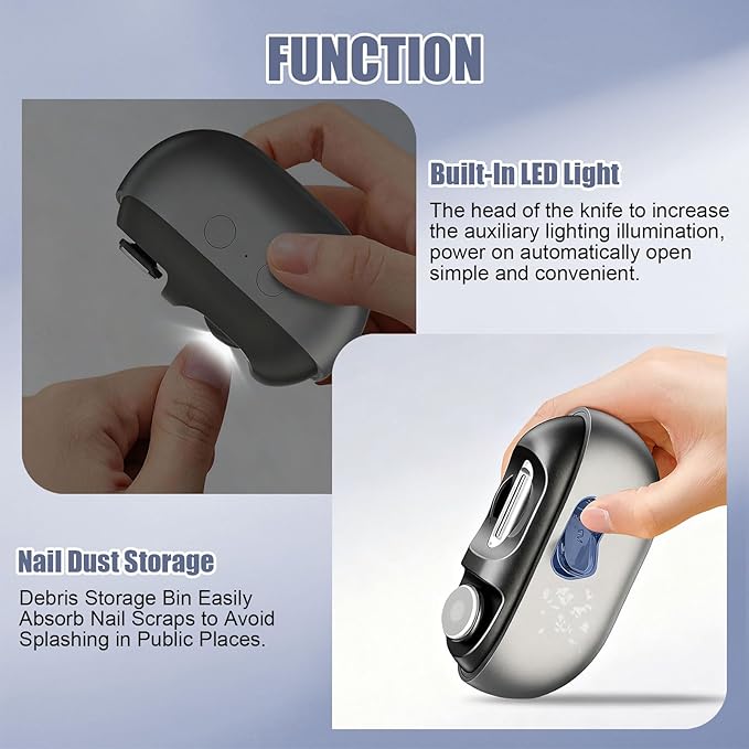 2PC Electric Nail Clipper, Electric Nail Clippers for Seniors & Adults, Baby Automatic Nail Clipper with LED Light & Nail Scraps Storage, 3-in-1 Electric Nail Trimmer for Toenails & Fingernails (Grey)