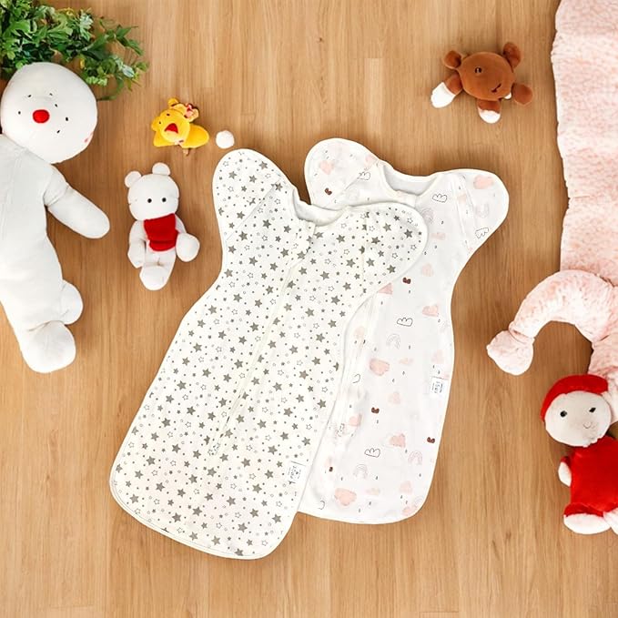 Baby Swaddle 3-6 Months - Arms Up Transitional Swaddles, Transition Swaddle Sack with Removable Cuffs & 2-Way Zipper, Gray Stars Design, Breathable Cotton Newborn Sleep Sacks