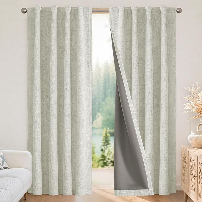 Joydeco Blackout Curtains for Bedroom - 100% Light Blocking 2 Panels Light Beige Drapes 42"W x 63"L, Thermal Insulated Room Darkening Curtains, Linen Textured for Living Room, Rod Pocket & Back Tabs