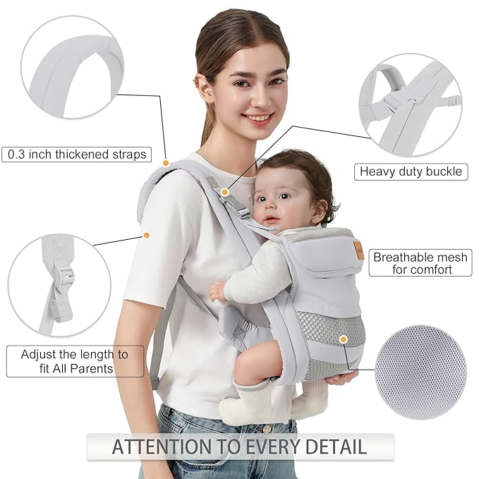Baby Carrier Newborn to Toddler(7-30lbs), Toddler Carrier with Adjustable Shoulder Strap, Baby Holder Carrier with Breathable Mesh Fabric, Grey