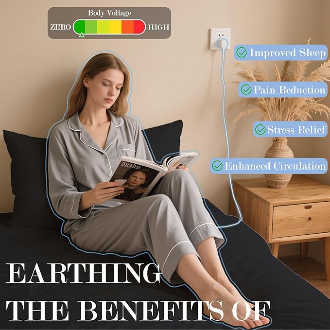 Ali King Grounding Sheets - Queen Size, Soft Cotton with Silver Fiber, 15'' Deep Pocket Earth Grounding Fitted Bed Sheets for Improved Sleep (Black, Queen 60''*80''*15'')