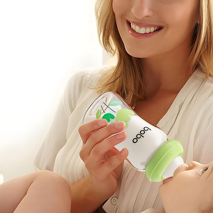 YOHKOH Natural Glass Baby Bottle with Level 1 Slow Flow Nipple, Newborn Anti-Colic Baby Bottles, Wide Neck Mushroom Baby Glass Bottle (Green, (5.4oz (Pack of 4))