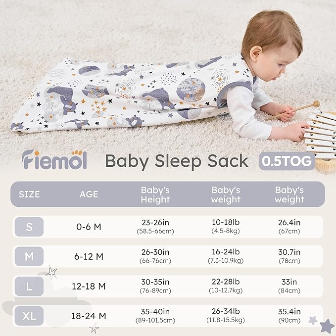 FIEMOL Baby Sleep Sack 12-18 months, 100% Cotton Sleeping Sack for Newborn and Infant, 3 Pack Baby Wearable Blanket for Boy and Girl, 0.5 Tog Lightweight Double Zipper Sleep Bag Grey Moon Bear