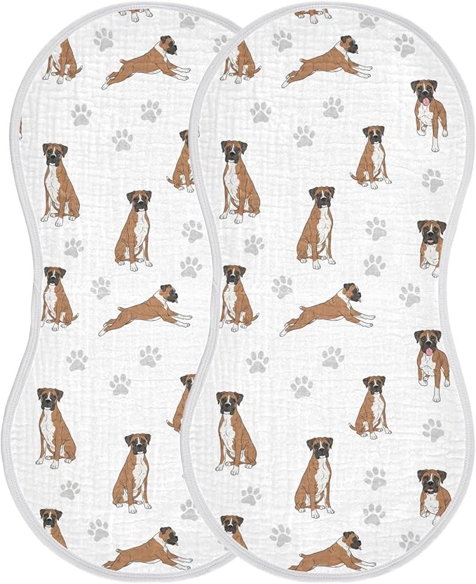Qinllo 2 Pack Muslin Burp Cloths Boxer Dogs White Cotton Baby Burp Cloths Ultra Absorbent and Soft Burping Cloth for Baby Boys Girls 22x11 Inch
