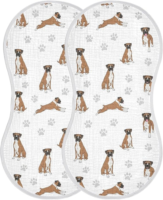 Qinllo 2 Pack Muslin Burp Cloths Boxer Dogs White Cotton Baby Burp Cloths Ultra Absorbent and Soft Burping Cloth for Baby Boys Girls 22x11 Inch